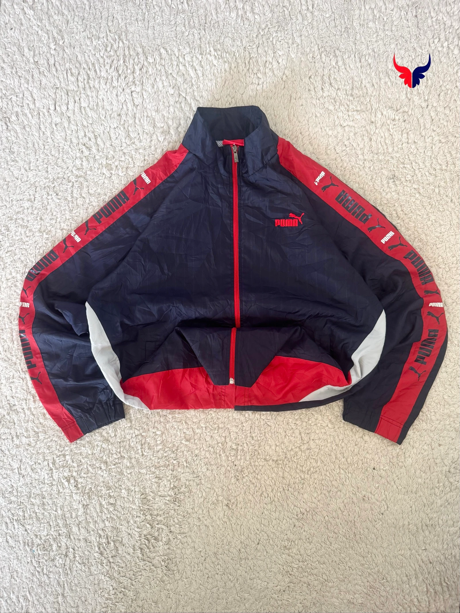 Puma Track Jacket Windbreaker Tape Logo Navy Red Y2K Retro Oversized